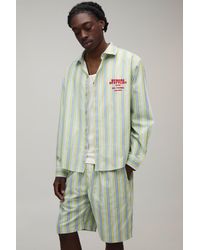 BoohooMAN - Stripe Poplin Curved Hem Embroidered Oversized Long Sleeve Shirt & Baggy Short Set - Lyst