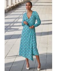 Sosandar - Geometric Print Blouson Sleeve Wrap Jersey Midi Dress - Lyst