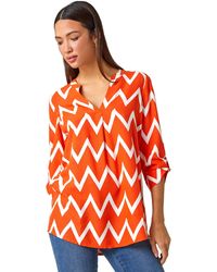 Roman - Zig Zag Print V-Neck Pleat Detail Tunic Top - Lyst