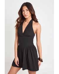 Boohoo - Cotton Poplin Halter Neck Pleated Mini Dress - Lyst