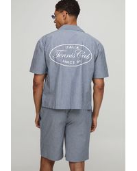 BoohooMAN - Oversized Boxy Stripe Tennis Club Print Revere Shirt And Short Set - Lyst