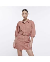 River Island - Mini Shirt Dress Puff Sleeve Lyocell - Lyst