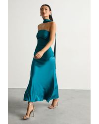 Warehouse - Petite Strapless Structured Bodice Satin Midi Dress - Lyst