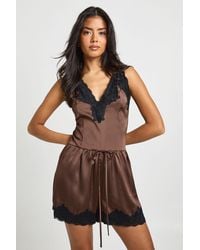Boohoo - Lace Trim Satin Flippy Short Playsuit - Lyst