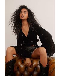 Nasty Gal - Velvet Floral Embroidered Ruffle Wrap Top - Lyst