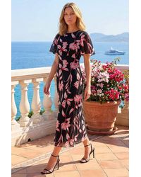Roman - Leaf Print Back Tie Midi Dress - Lyst