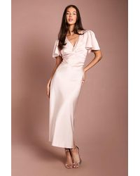 Oasis - Blush Satin Twist Front Angel Sleeve Midi Bridesmaid Dress - Lyst