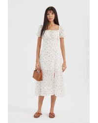 Hiccup - Floral Square Neck Puff Sleeves Midi Dress With A Side Slit - Lyst
