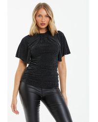 Quiz - Black Sequin Batwing Ruched Top - Lyst