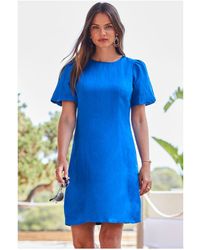 Sosandar - Cobalt Linen Puff Sleeve Shift Dress - Lyst