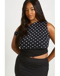 Boohoo - Plus Mesh Off Shoulder Deep Waistband Polka Dot Top - Lyst