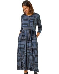 Roman - Linear Print Pocket Stretch Midi Dress - Lyst