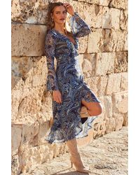 Sosandar - Paisley Print Mesh Wrap Front Fit & Flare Dress - Lyst