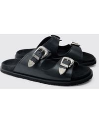BoohooMAN - Faux Suede Double Strap Western Buckle Sandal - Lyst