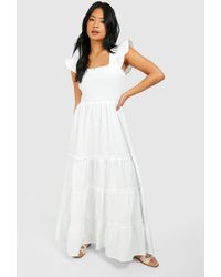 Boohoo - Petite Shirred Poplin Midaxi Dress - Lyst