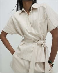 River Island - Cream Linen Look Collared Belted Top - Lyst