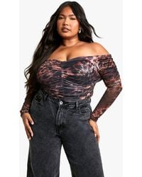 Boohoo - Plus Ruched Front Bardot Long Sleeve Top - Lyst