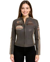 Infinity Leather - Vintage Tan Biker Racing Badges Jacket-Dalby - Lyst