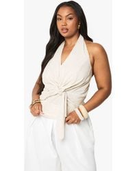 Boohoo - Plus Linen Stripe Halter Tie Front Top - Lyst