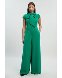 Karen Millen - Compact Stretch Bow Tie Neck Tailored Wide Leg Jumpsuit - Lyst
