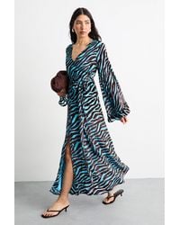 Warehouse - Burnout Velvet Plunge Neck Flared Sleeve Belted Maxi Dress - Lyst