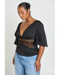 Boohoo - Plus Satin Angel Sleeve Lace Panel Top - Lyst