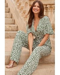 Sosandar - Sage & Ivory Geometric Spot Print Belted Jumpsuit - Lyst