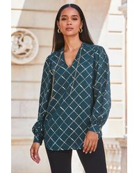 Sosandar - Check Print Chain Lace Up Blouse - Lyst