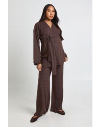 Boohoo - Maternity Brushed Rib Belted Top & Wide Leg Trouser Set - Lyst
