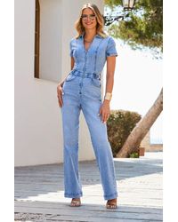 Sosandar - Light Wash Zip Front Wide Leg Denim Jumpsuit - Lyst