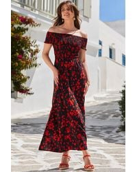 Sosandar - Floral Print Shirred Body Bardot Maxi Dress - Lyst