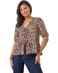 Roman - Animal Print Tie Front Woven Top - Lyst