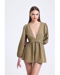 Hiccup - Linen Plunge Neck Long Sleeve Playsuit With A Back Cut Out - Lyst