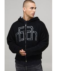 BoohooMAN - Boxy Fit Fluffy Branded Zip Thru Knitted Hoodie - Lyst