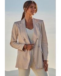 Sosandar - Champagne Animal Jacquard Satin Double Breasted Blazer - Lyst