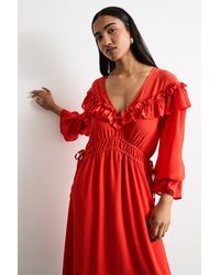 Warehouse - Ruffle Shoulder Detail V Neck Boho Maxi Dress - Lyst