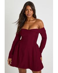 Boohoo - Long Sleeve Bardot Structured Skater Dress - Lyst