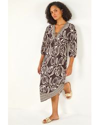 Roman - Leaf Border Print V-Neck Midi Dress - Lyst