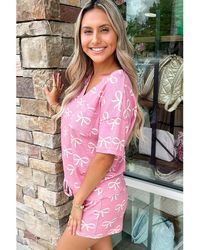 Azura Exchange - Waffle Knit Bowknot Printed V Neck T Shirt And Shorts Set - Lyst