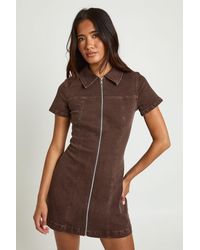 Boohoo - Short Sleeve Zip Front Denim Dress - Lyst
