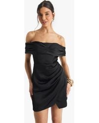 Boohoo - Satin Ruched Bardot Drape Detail Mini Dress - Lyst