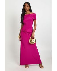 Boohoo - Ruched Bardot Trim Detail Maxi Dress - Lyst