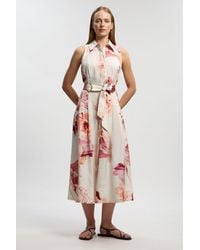 Karen Millen - Premium Viscose Linen Top Stitch Halter Neck Woven Midi Dress With D Ring Detail - Lyst