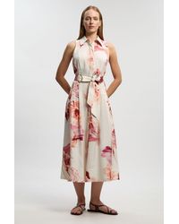 Karen Millen - Premium Viscose Linen Top Stitch Halter Neck Woven Midi Dress With D Ring Detail - Lyst