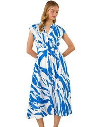 Roman - Brushstroke Linen Mix Midi Dress - Lyst