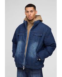 BoohooMAN - Boxy Oversized Funnel Neck Denim Puffer Jacket - Lyst