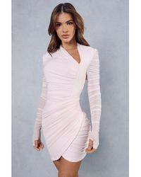 MissPap - Mesh Ruched Wrap Long Sleeve Dress - Lyst