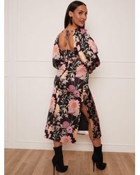 Chi Chi London - Petite Long Sleeve Cut Out Detail Floral Midi Dress - Lyst