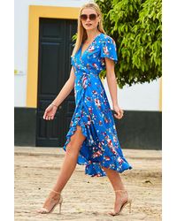 Sosandar - Floral Print Ruffle Hem Wrap Dress - Lyst