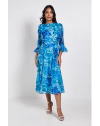 Wallis - Petite Floral Organza Flute Sleeve Midi Dress - Lyst